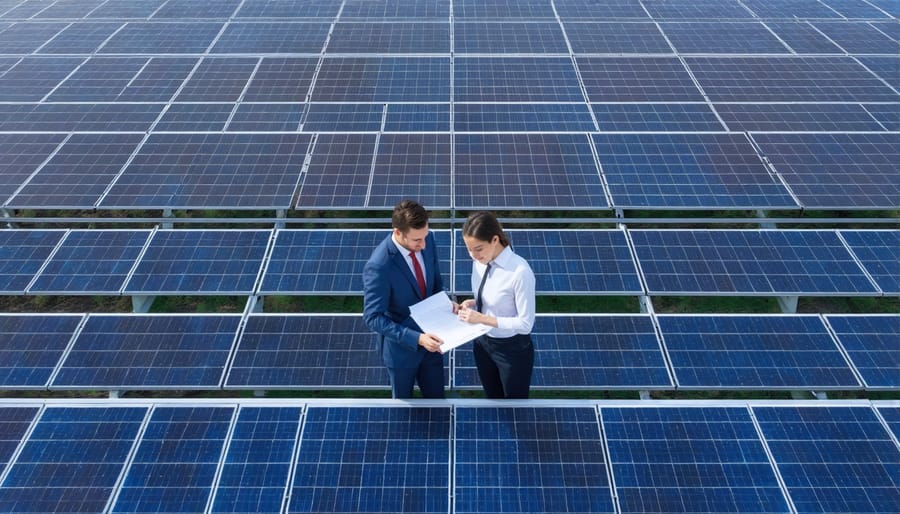 Business professionals analyzing solar project financial documents at a solar farm site