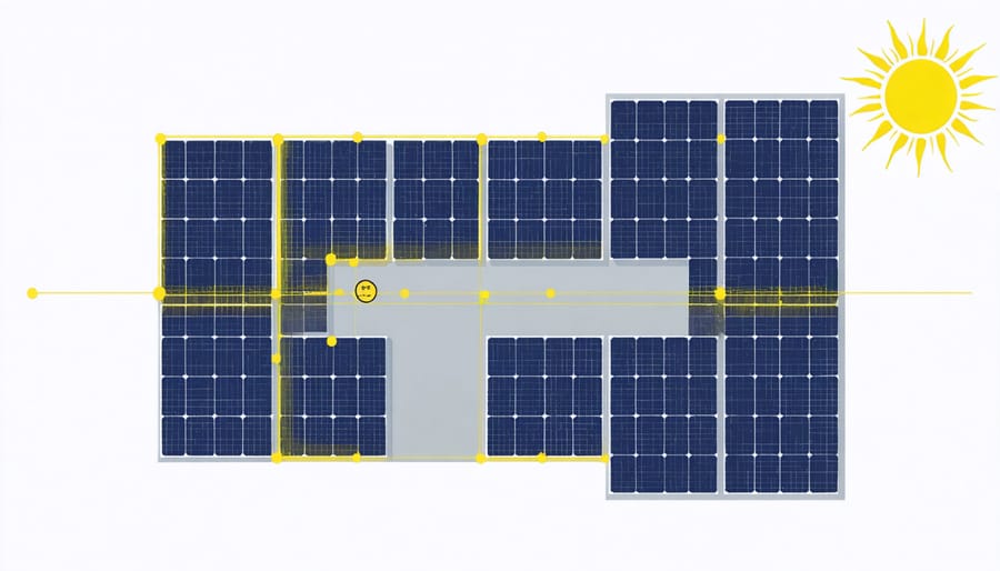 Technical diagram of roof showing ideal solar panel positioning and sun path analysis