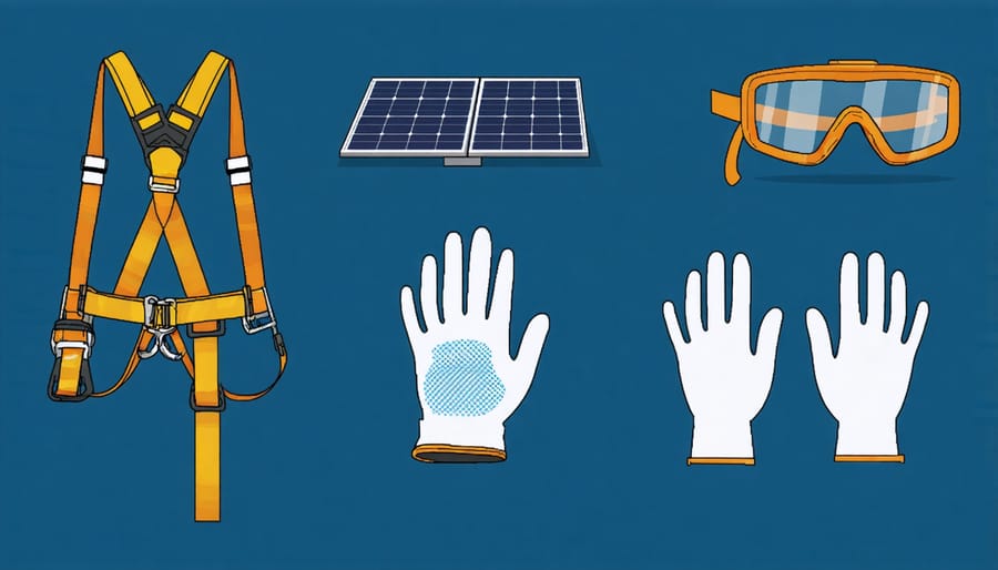 Essential safety equipment layout for solar panel installation including harness, helmet, gloves, and safety glasses