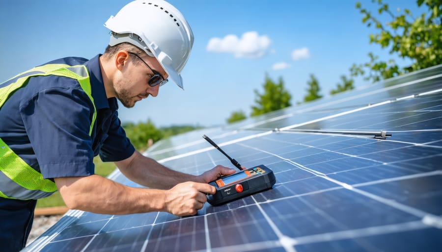 Safety inspector performing electrical tests on off-grid solar installation