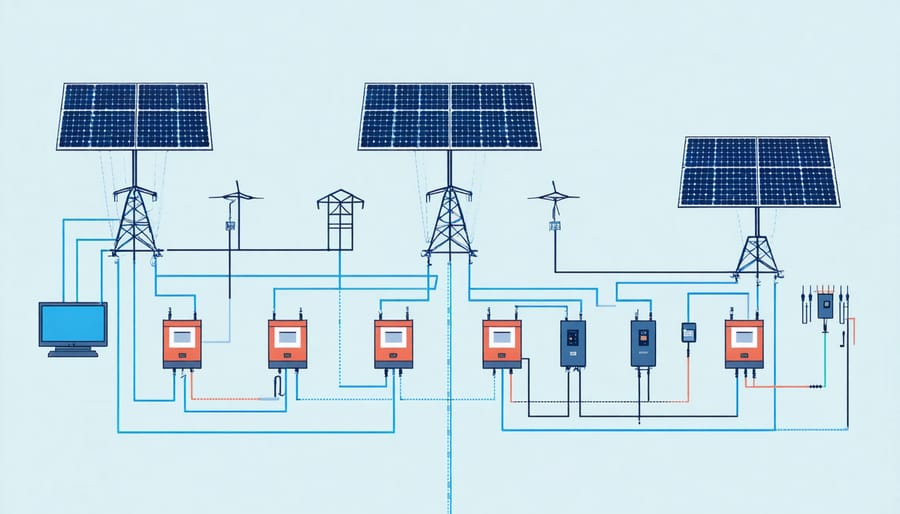 Integrated solar power system diagram with batteries, inverters, and grid connections