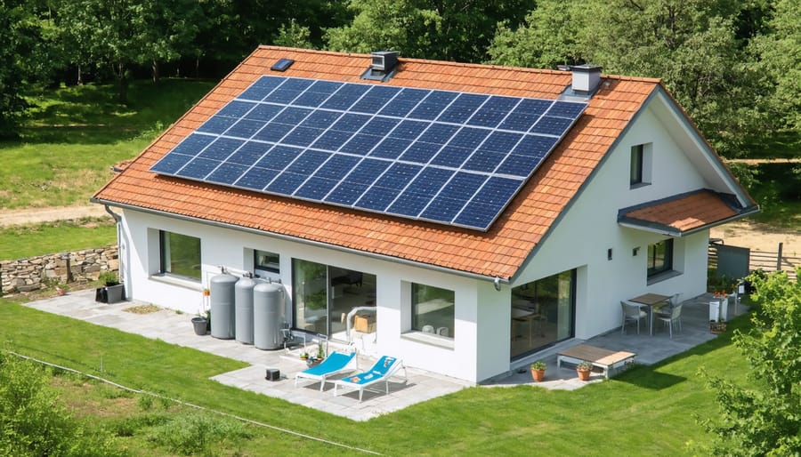 Illustration of a European home with solar collectors on the roof, an insulated storage tank, and flow pathways, symbolizing solar thermal energy integration with nature and sustainability.