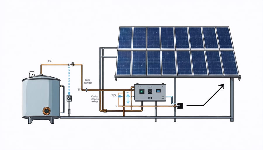 Technical illustration of solar thermal system components and their connections