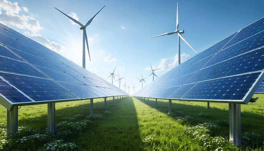 A visually balanced comparison showing solar panels in direct sunlight alongside wind turbines on a windswept field, representing the synergy between solar and wind power in renewable energy.