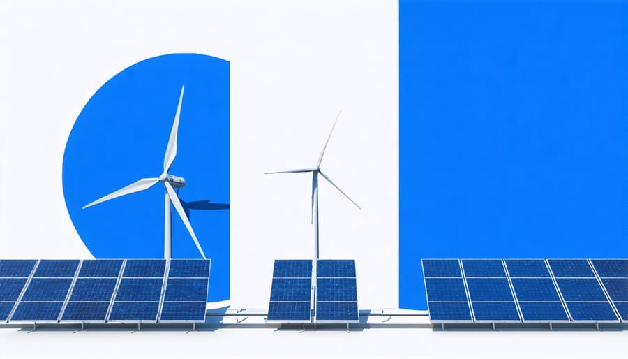 Side-by-side comparison of solar panel array and wind turbine farm