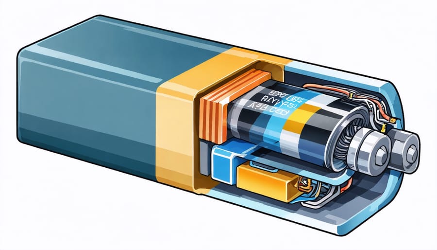 Cross-section diagram of solid-state battery architecture highlighting key components