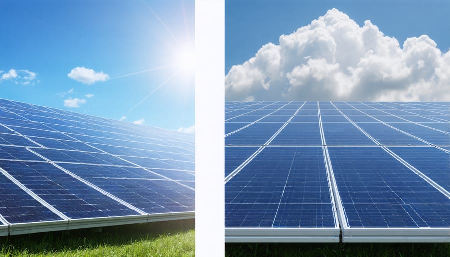 Side-by-side comparison of solar panels operating in sunny and cloudy conditions