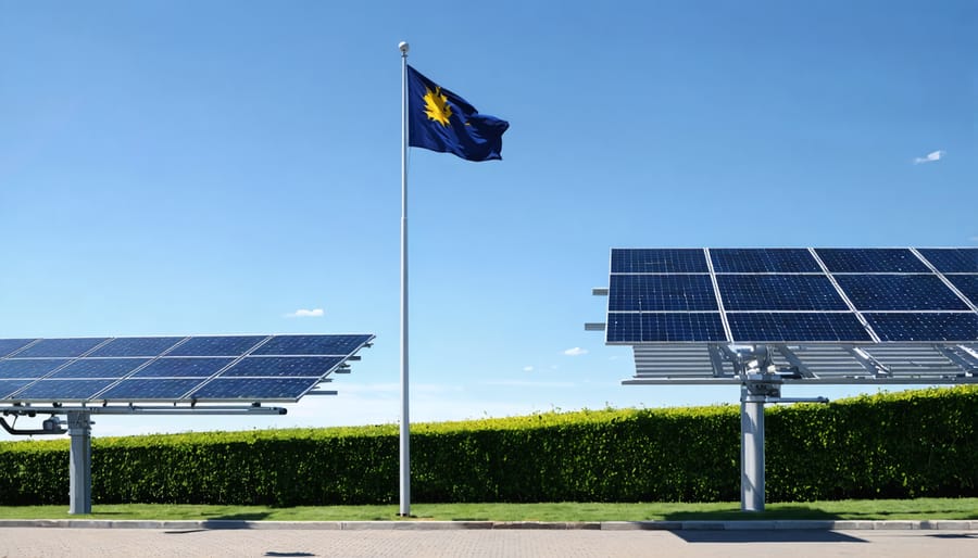 Illustration of a telescoping flagpole with solar lights demonstrating innovative solar technology in a European landscape, representing sustainability and energy efficiency.