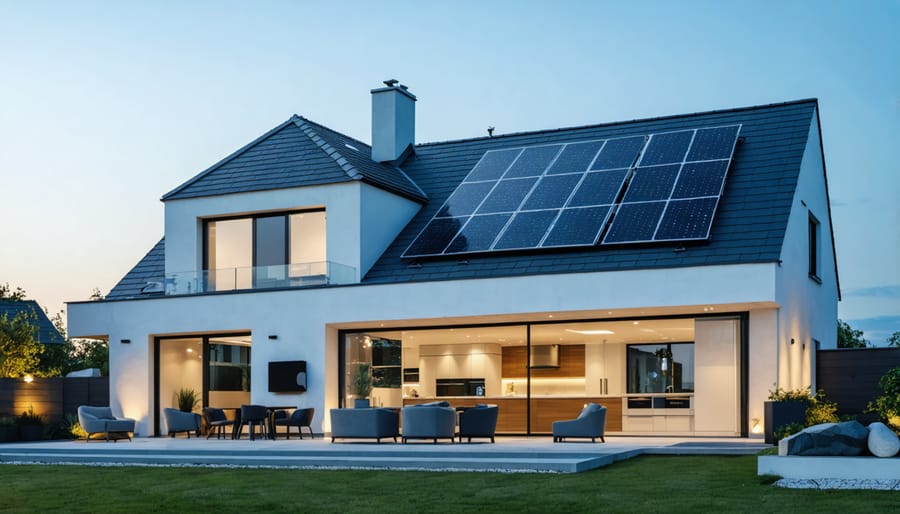 A European home showcasing roof-top solar panels connected to a Tesla Powerwall 2, illustrating the Powerwall's role in powering household appliances like lights and kitchen devices with energy flows.