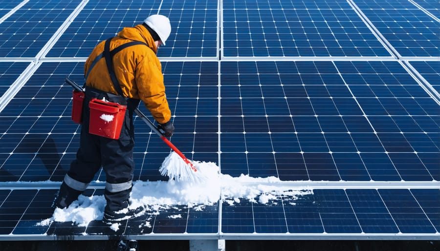 Professional performing winter maintenance on snow-covered solar panels