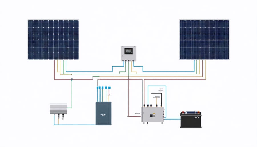 Technical diagram of a 7kW hybrid solar system showing component connections and energy flow