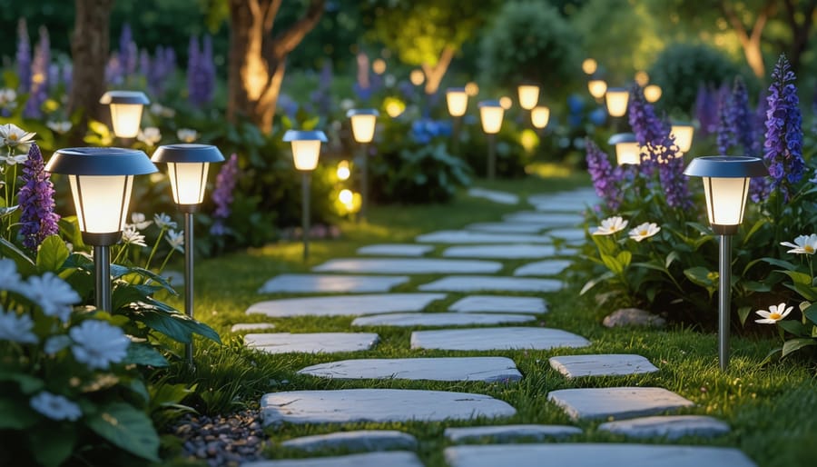 Conceptual illustration of a European garden at twilight featuring DIY solar lights, highlighting the sustainable integration of solar panels into the landscape.