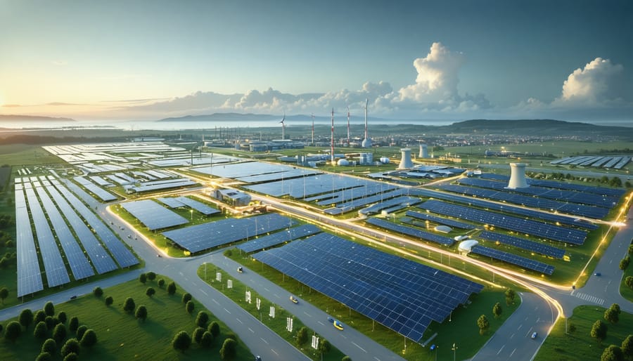 Illustration depicting a modern European solar energy landscape featuring advanced storage technologies like solid-state batteries, flow batteries, and thermal storage systems, integrated with smart grid solutions.