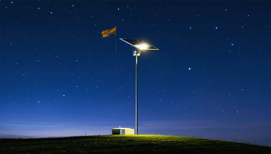 A flagpole brightly illuminated by a modern solar-powered LED light system, featuring a solar panel and battery unit, with the flag visible against a starry night sky backdrop, emphasizing advanced and sustainable lighting technology.