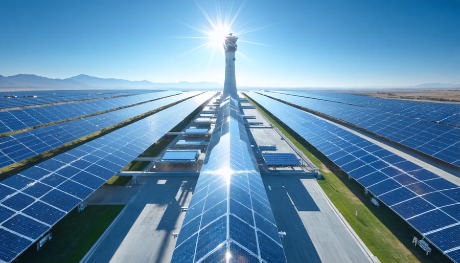 Aerial view of Europe's state-of-the-art solar thermal test facility featuring expansive arrays of heliostats and sophisticated testing equipment under a clear sky, symbolizing the forefront of renewable energy innovation.