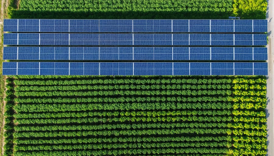 Solar panels mounted above agricultural crops showing dual-use farming system