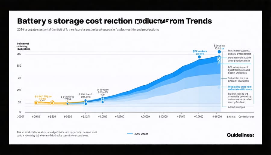 Line graph depicting the declining cost trends of utility-scale battery storage with forecast through 2030