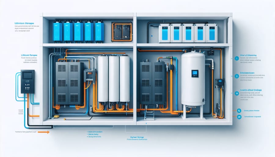 Technical illustration of residential battery storage system components and connections