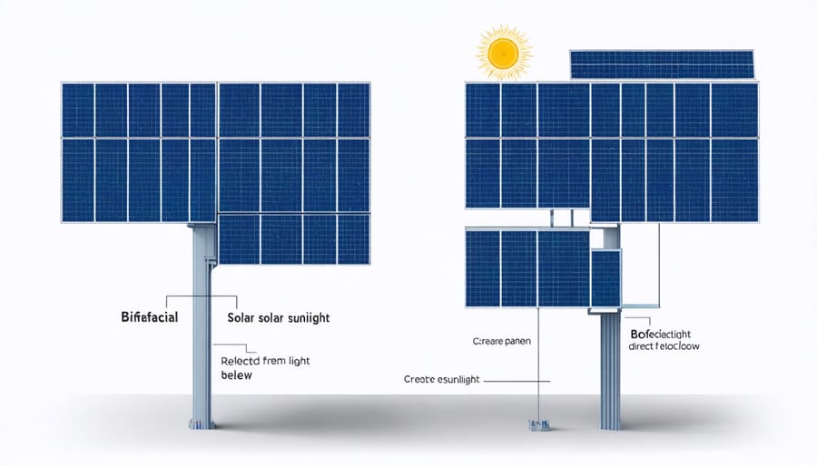 Technical illustration of bifacial solar panel light capture mechanism showing dual-sided energy generation