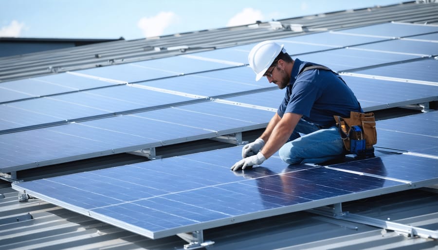 Solar technician installing bifacial panels with optimal elevation and spacing on residential rooftop