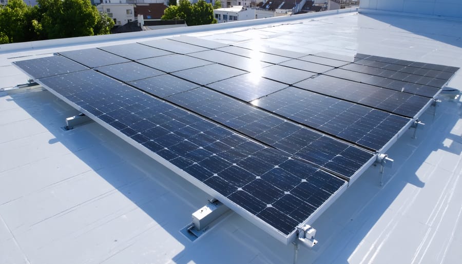 Bifacial solar panels on a European rooftop capturing sunlight from both sides, utilizing the reflective properties of the white roof to enhance energy generation.