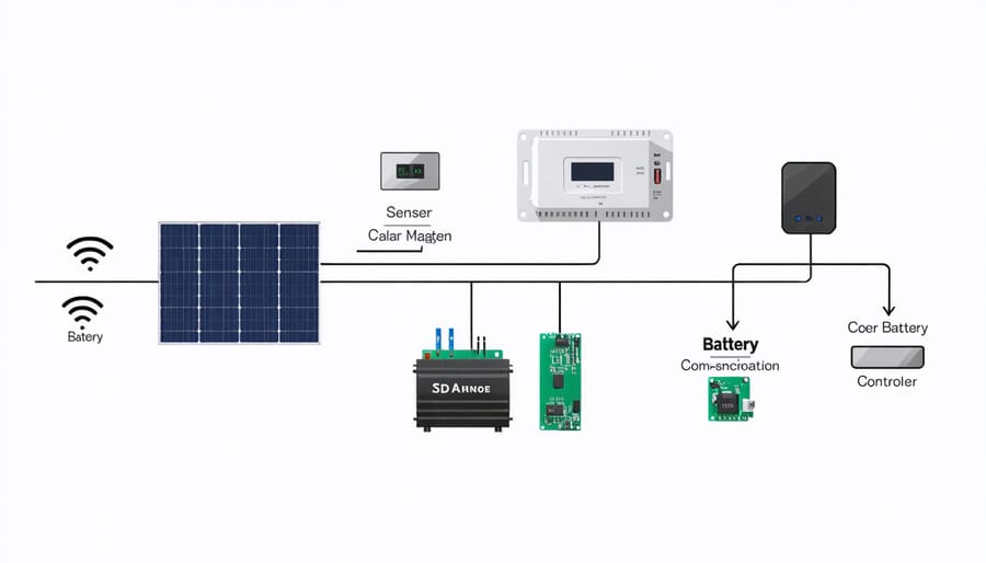 Technical diagram illustrating the main components and connections in a solar battery management system