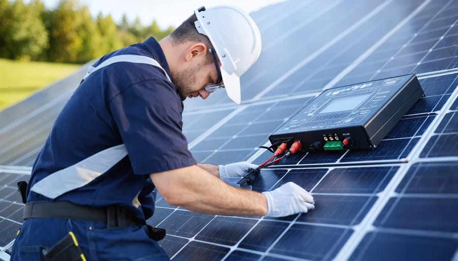 Certified technician performing installation of a solar battery management system