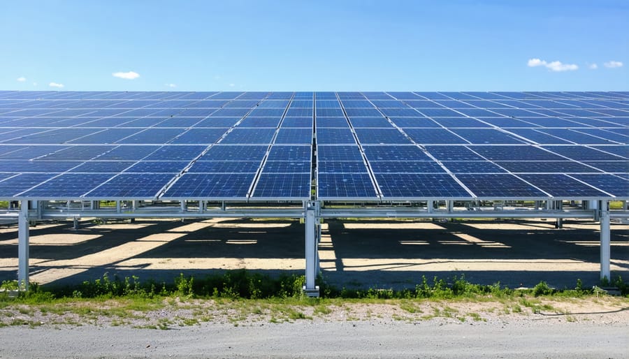 Aerial view of industrial solar panel array on European factory roof