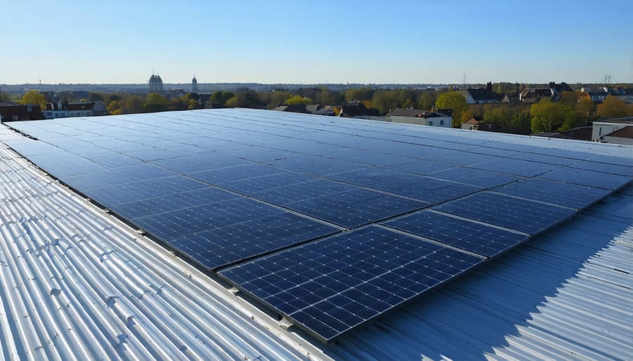 Aerial view of solar panels installed on a modern business facility roof