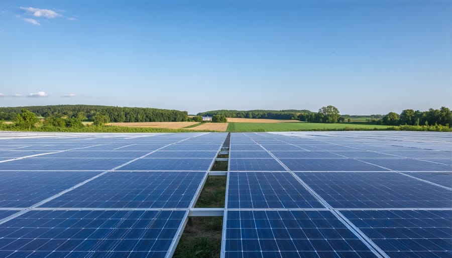 Large-scale solar farm installation integrated into a European rural community landscape