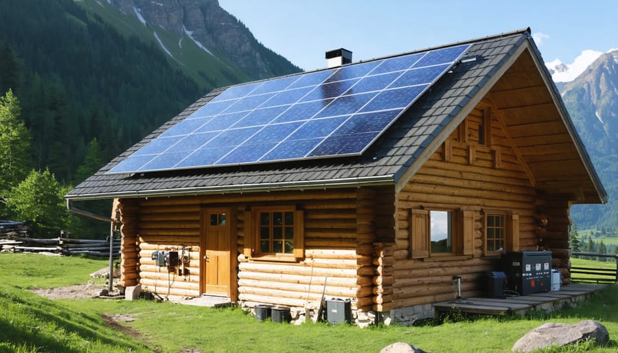 Off-grid solar system components installed at a remote mountain cabin, including rooftop panels, battery bank, and inverter setup