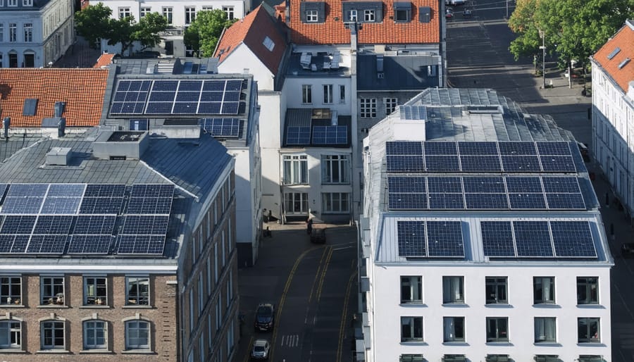 Bird's eye view of urban area with various buildings utilizing integrated solar panel systems