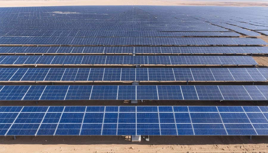 Aerial photograph of an extensive solar panel installation in the desert landscape