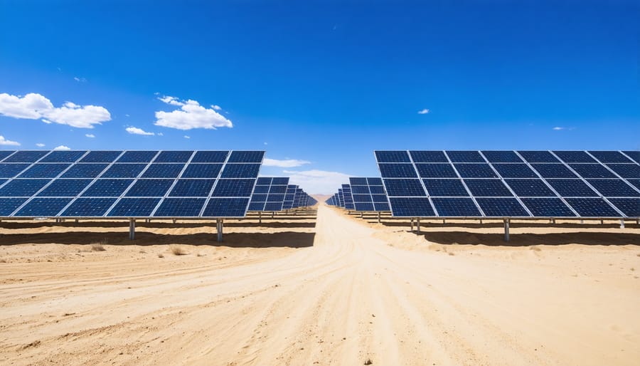 Conceptual depiction of a large desert solar farm with rows of solar panels brightly reflecting sunlight, set against a backdrop of endless sand dunes under a clear blue sky.