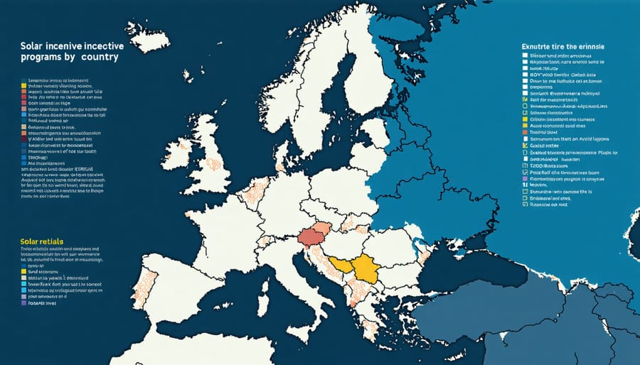 European map displaying solar energy incentives and support programs across different countries