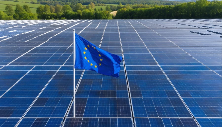 Modern solar panel farm in Europe with European Union flags symbolizing policy support