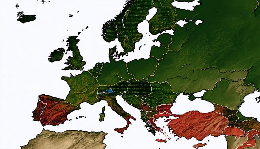 Map of Europe highlighting optimal regions for solar and wind energy installation