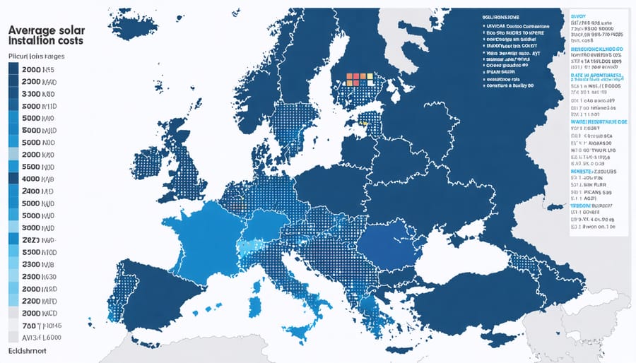 European map displaying regional solar system cost variations with price legend