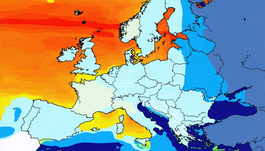 European solar irradiance map displaying regional variations in solar potential across seasons