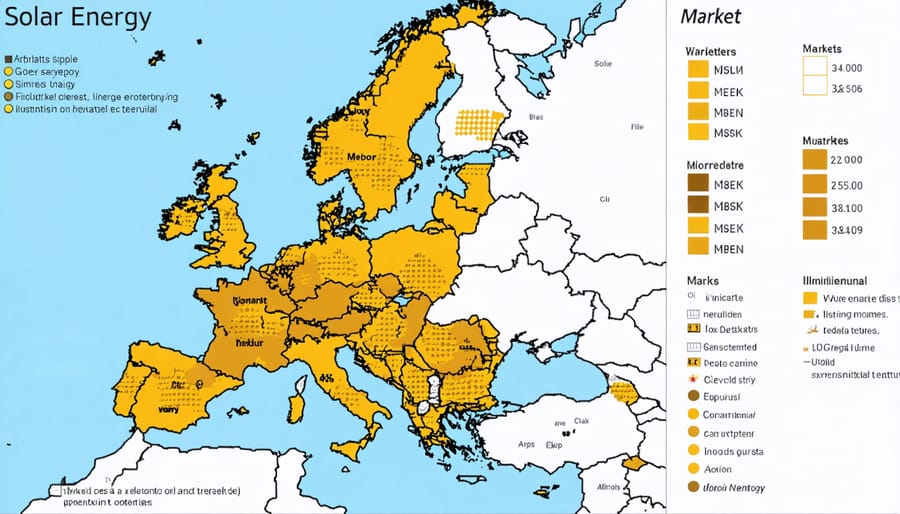 Heat map of European countries showing solar irradiance levels and major solar markets