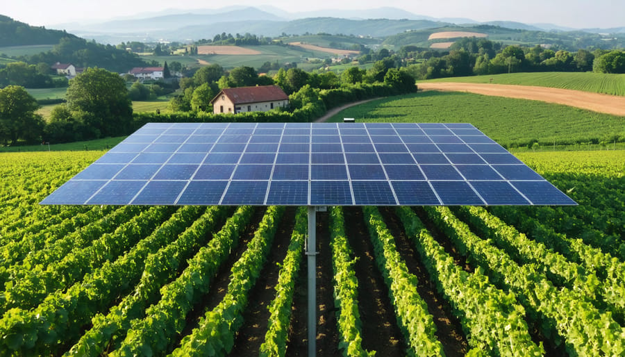 Scenic view of solar panels elevated above farmland with crops growing underneath, illustrating agrivoltaic technology in a European farming landscape.