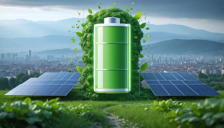 A conceptual image of a modern European city with a large battery icon, symbolizing the integration of advanced battery storage systems into Europe’s energy landscape.