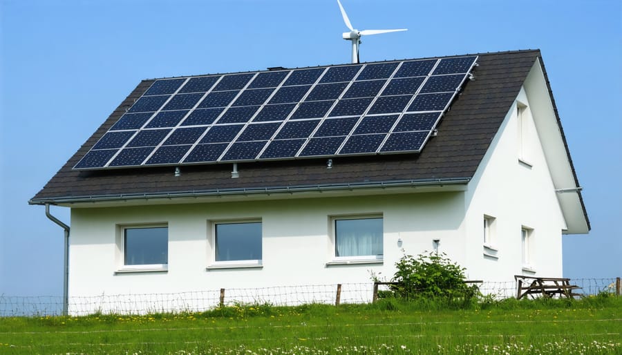 Modern European home with installed wind turbine and roof-mounted solar panels