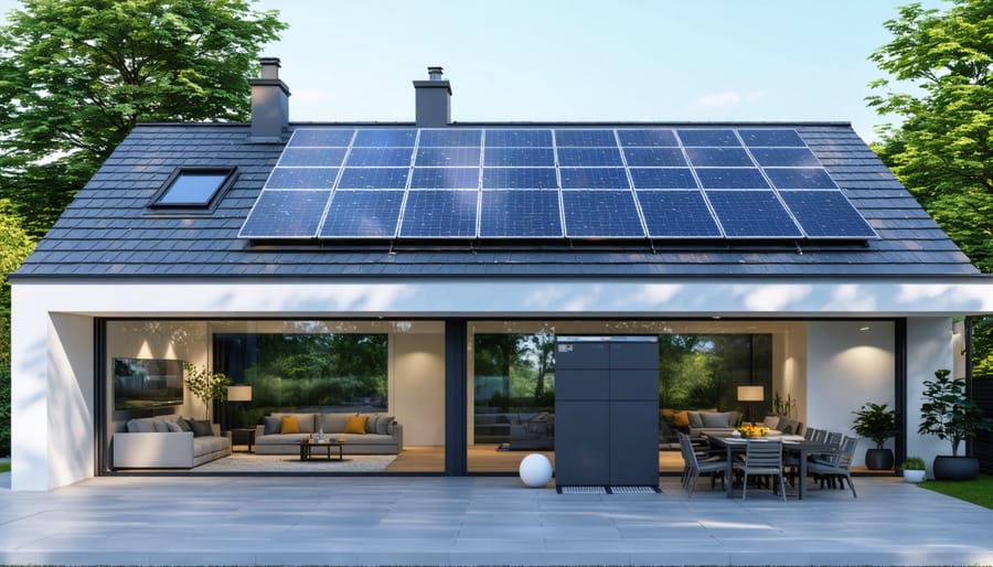 A modern European home equipped with solar panels and a battery storage unit, illustrating sustainable energy or 24/7 home energy independence.