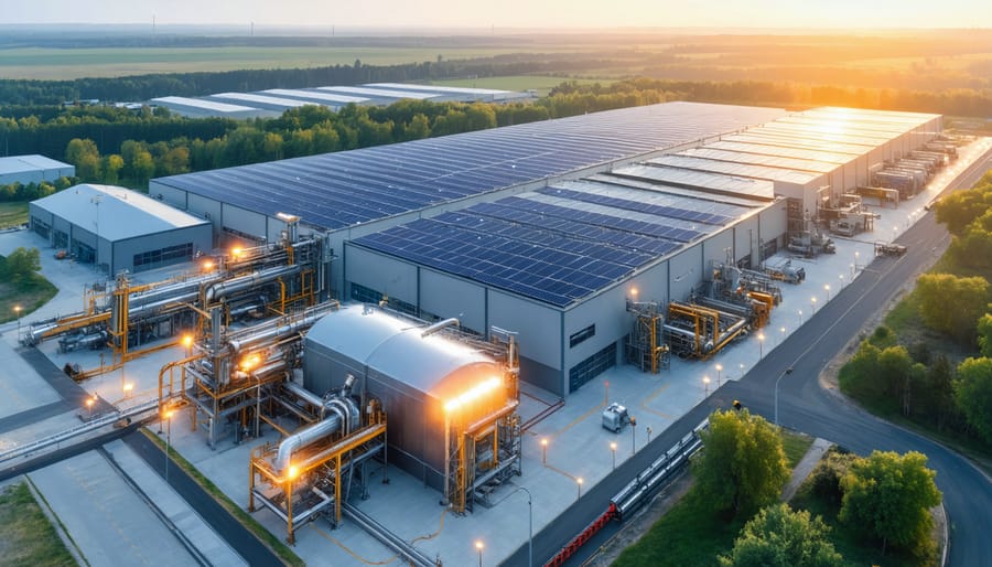 Conceptual illustration showing solar panels integrated into an industrial facility, representing the transformation of European manufacturing through solar thermal technology, highlighting sustainability and innovation.