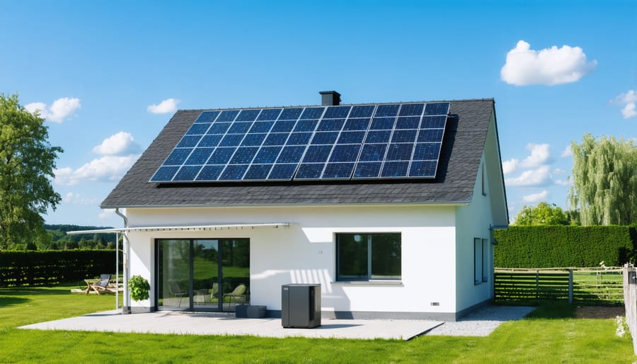 A European countryside home equipped with an off-grid solar system, solar panels visible on the roof, and a battery unit, illustrating the concept of energy independence and sustainable living.