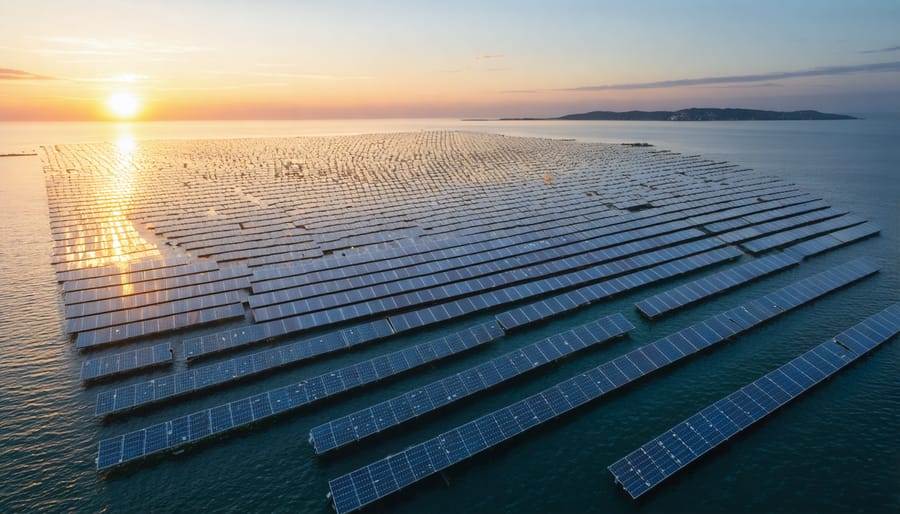 Aerial view of a large offshore solar installation off the European coast, with solar panels arranged in a geometric pattern on the sea surface, reflecting the morning sunlight.