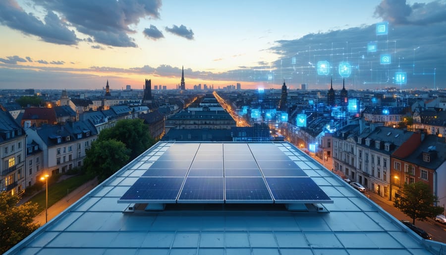 A futuristic depiction of a European city with solar panels prominently displayed on rooftops and a large solar battery system, symbolizing the advancement in energy storage technology and AI integration.