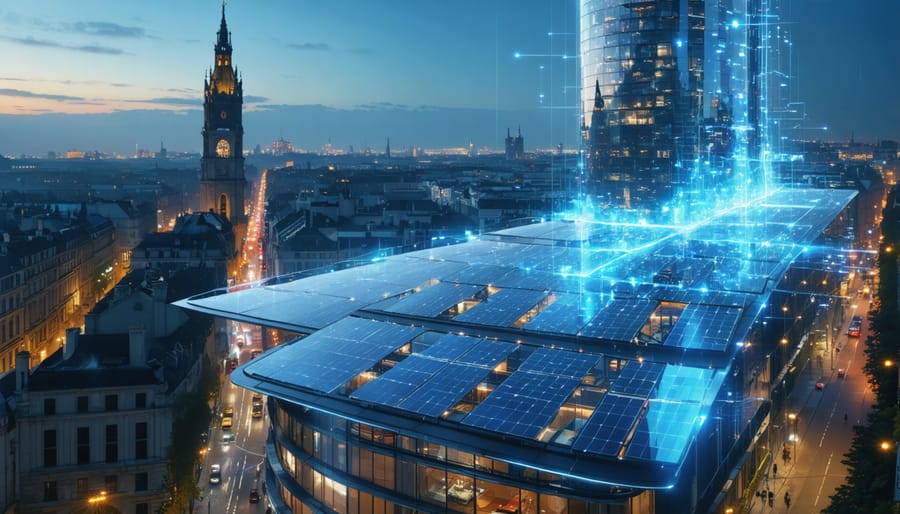 Conceptual illustration of a European city integrating advanced solar technology with smart grids and battery storage systems, representing the transformation towards sustainable energy independence.