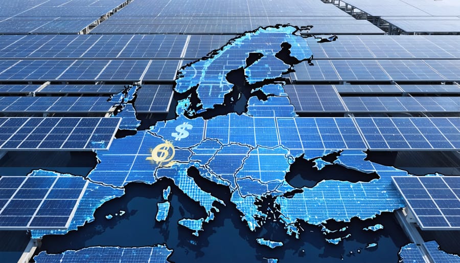 Conceptual illustration of a solar farm overlaid on a map of Europe, surrounded by financial symbols like graphs and currency, symbolizing the connection between project finance and solar energy development in Europe.